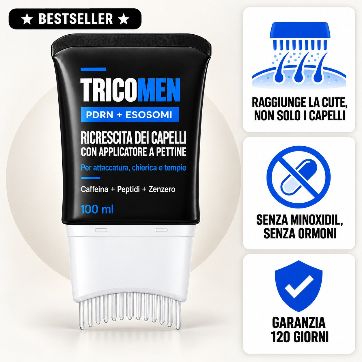 TRICOMEN applicatore a pettine, senza Minoxidil e garanzia 120 giorni