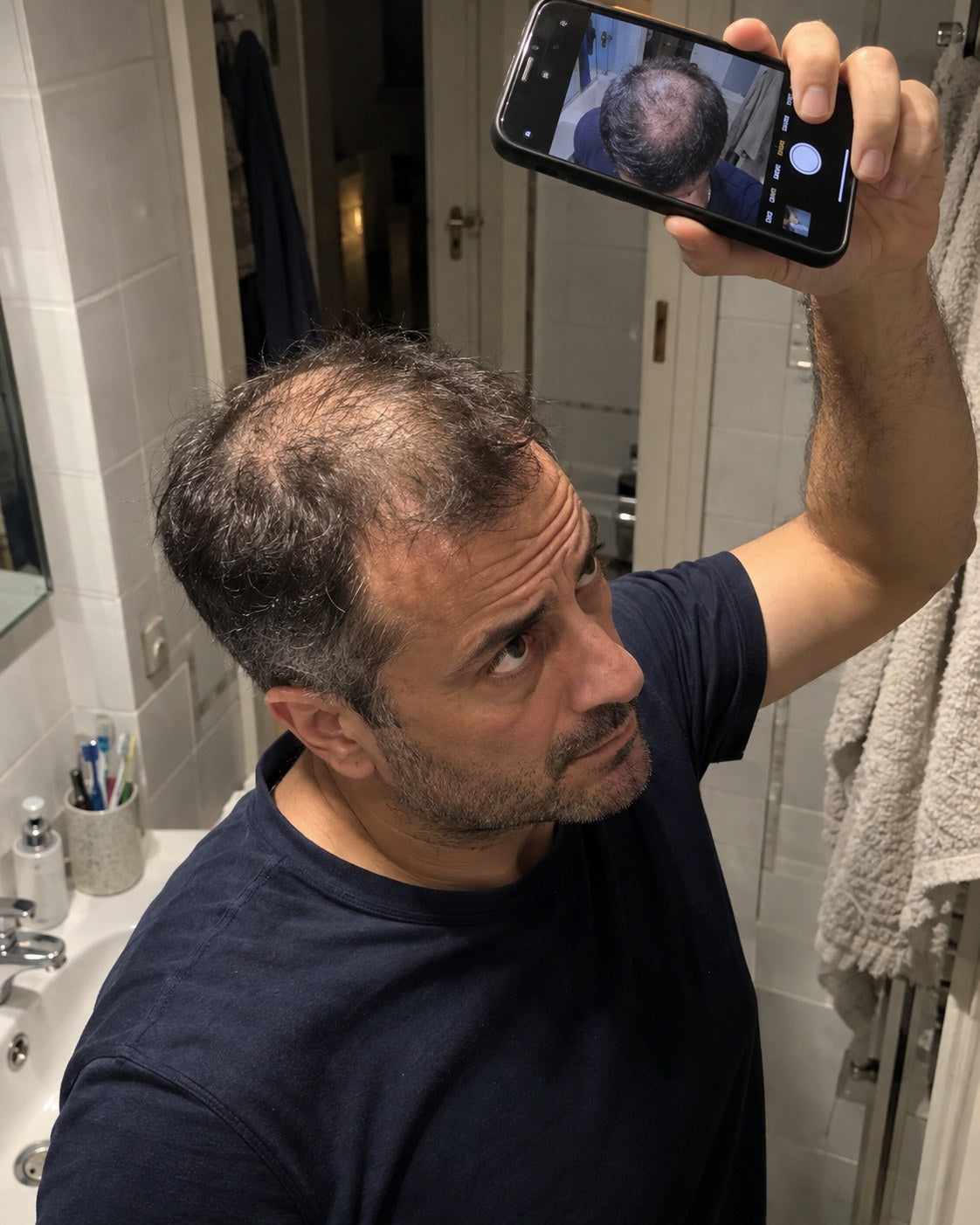 Uomo che si fotografa la chierica